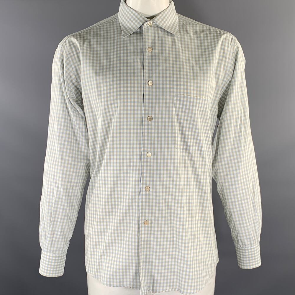 ERMENEGILDO ZEGNA XXL White Blue Green Gingham Cotton Cutaway Long Sleeve Shirt